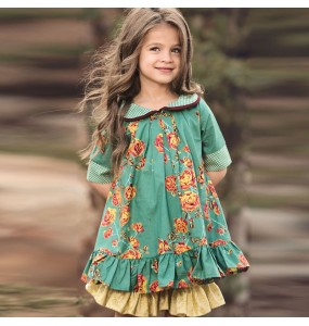 Kids Girls' Cute Floral Half Sleeve Knee-length Dress Green / Cotton - Green,3-4 Years(110cm)
