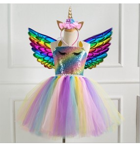 Kids Little Girls' Dress 3pcs Unicorn Princess Rainbow Colorful Party Tutu Birthday Dresses With Wing and Headband Sequins Halter Purple Gold Silver Cute Dresses 2-8 Years - Gold,4-5 Years(120cm)