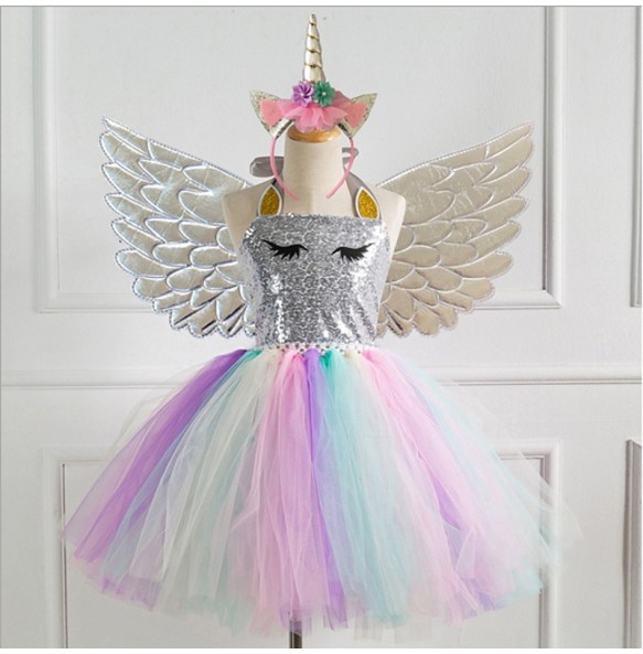 Kids Little Girls' Dress 3pcs Unicorn Princess Rainbow Colorful Party Tutu Birthday Dresses With Wing and Headband Sequins Halter Purple Gold Silver Cute Dresses 2-8 Years - Gold,4-5 Years(120cm)