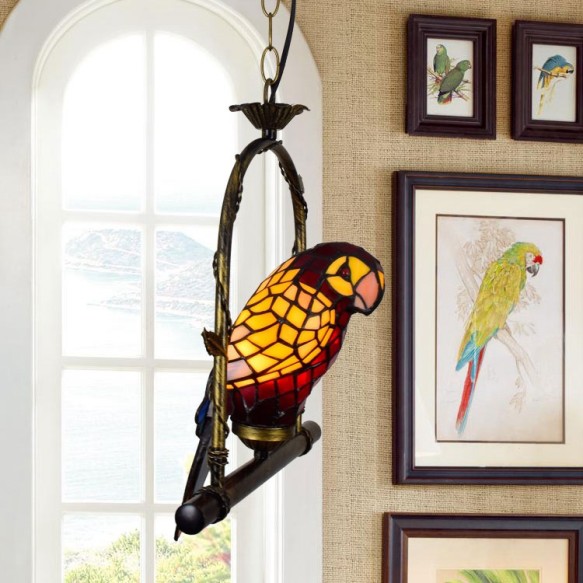 European retro art stained glass parrot chandelier bar restaurant living room bird lamp glazed Tiffany chandelier