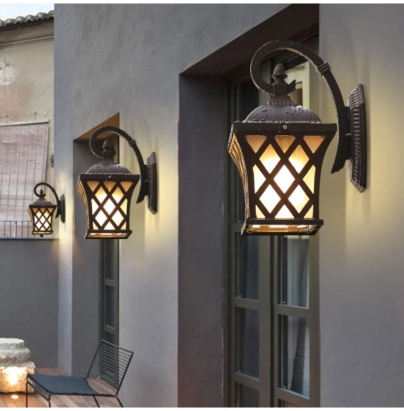 Outdoor Wall Light Fixtures Vintage Porch Lamp Retro Sconce Black+Glass for Villa Patio Aisle Courtyard Exterior Lighting