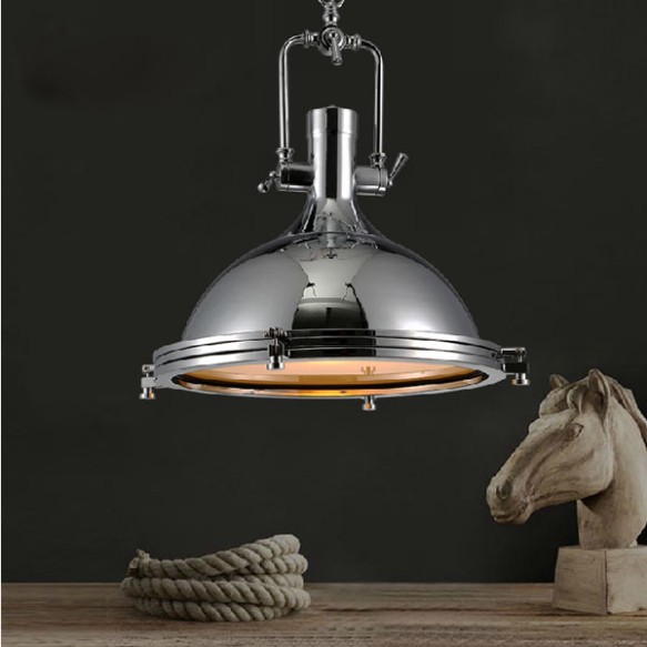 Industrial Nautical Style Single Pendant Light   15.75" Wide Pendant Lamp with Frosted Diffuser Mounted Fixture Chandelier in Chrome